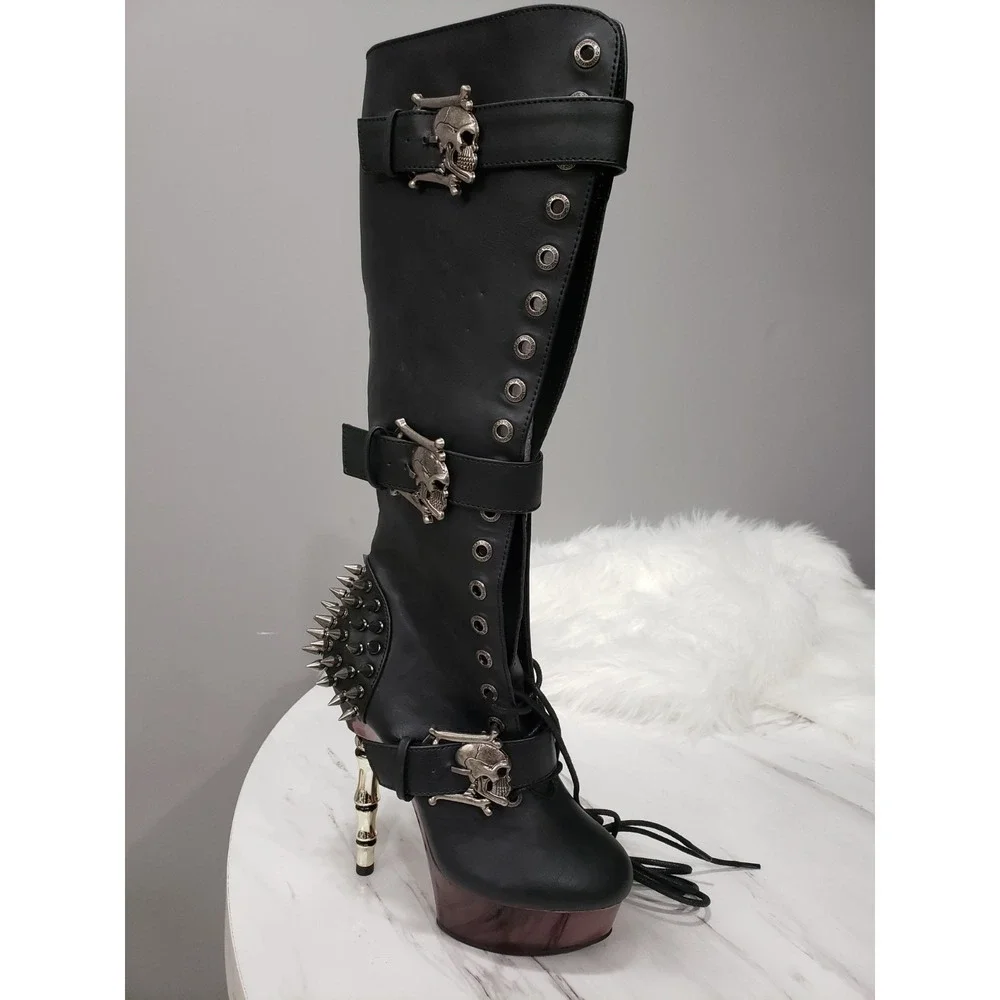 SIZE 7 DEMONIA Muerto Bone High Heel Spiked Skull Buckle Moto gothic Knee Boots